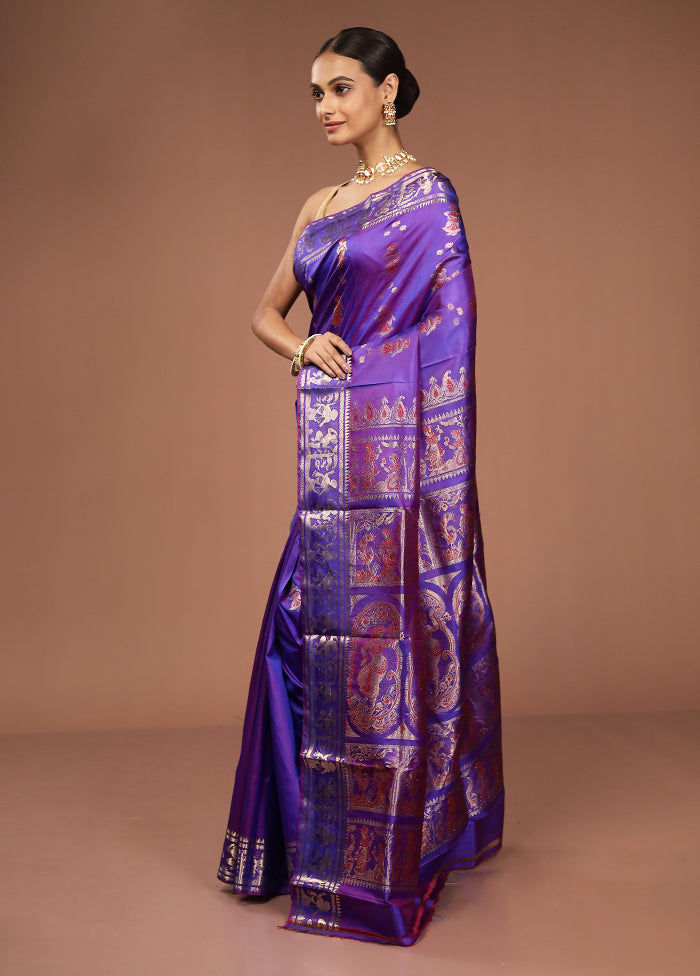 Purple Handloom Baluchari Pure Silk Saree With Blouse Piece