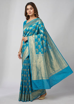 Blue Kora Silk Saree With Blouse Piece