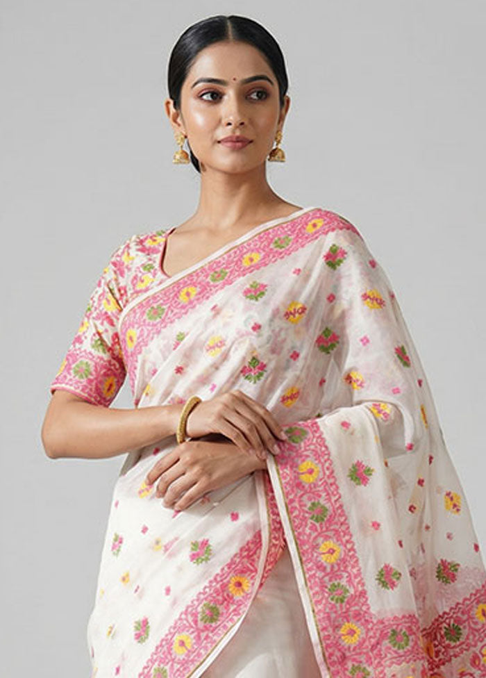 White Kora Silk Saree With Blouse Piece