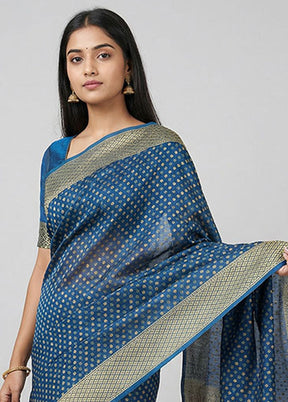 Blue Kora Silk Saree With Blouse Piece