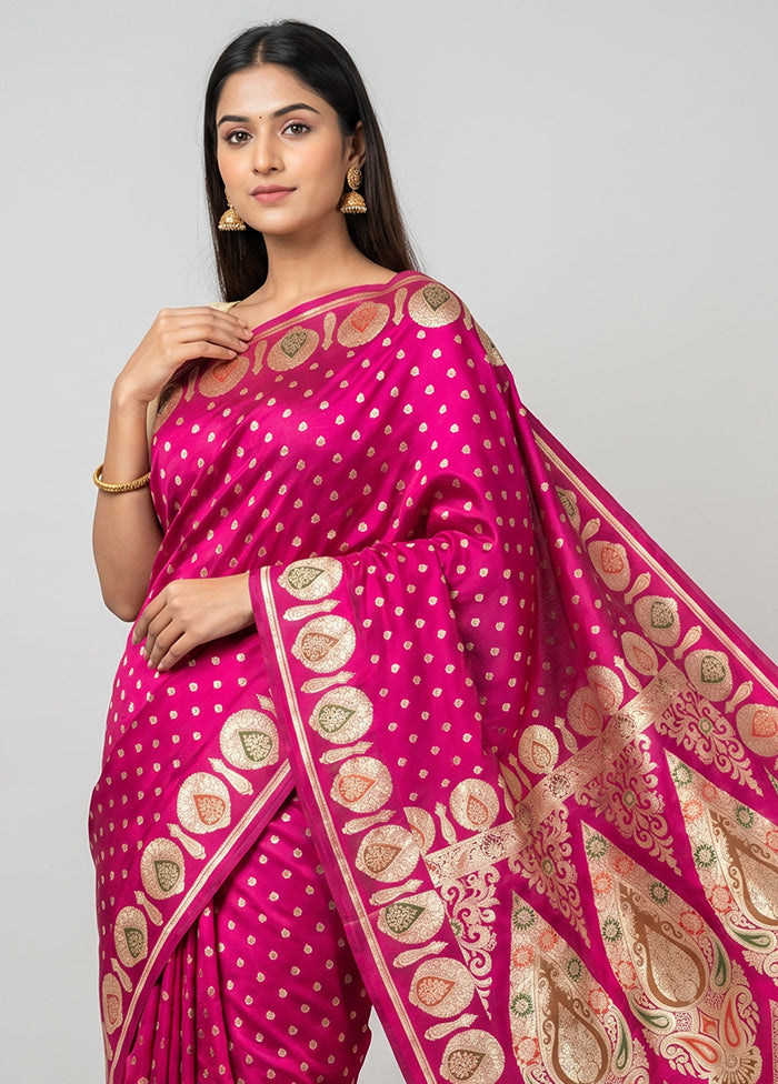 Pink Handloom Banarasi Pure Silk Saree With Blouse Piece