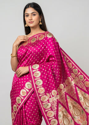 Pink Handloom Banarasi Pure Silk Saree With Blouse Piece