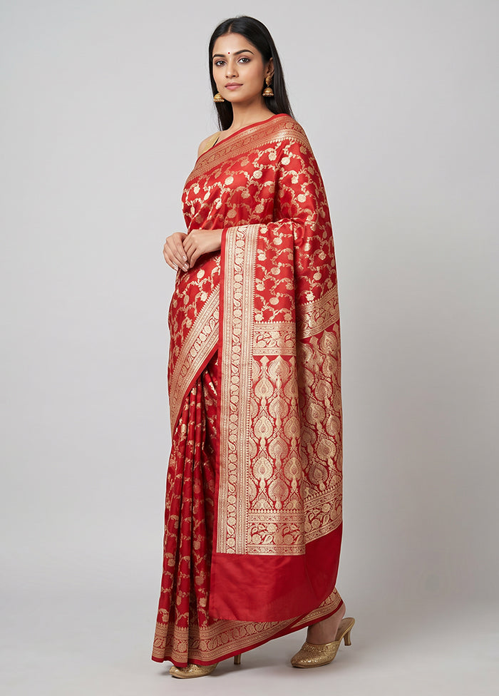 Red Handloom Banarasi Pure Silk Saree With Blouse Piece