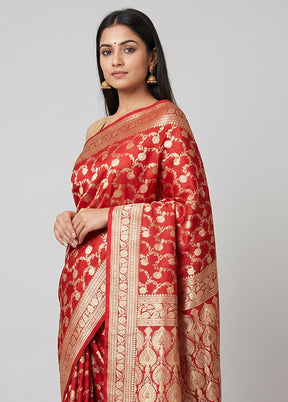 Red Handloom Banarasi Pure Silk Saree With Blouse Piece