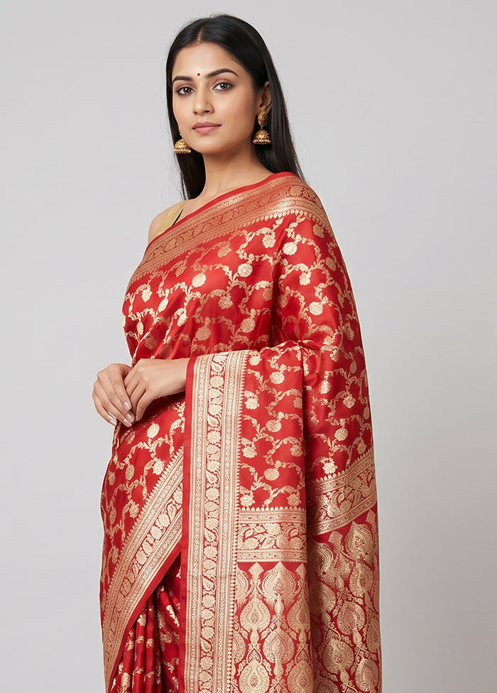 Red Handloom Banarasi Pure Silk Saree With Blouse Piece