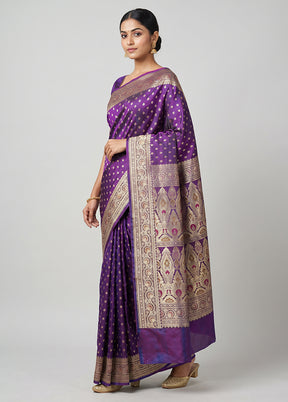 Purple Handloom Banarasi Pure Silk Saree With Blouse Piece