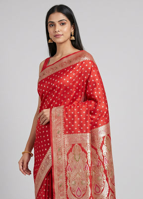 Red Handloom Banarasi Pure Silk Saree With Blouse Piece