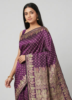 Purple Handloom Banarasi Pure Silk Saree With Blouse Piece