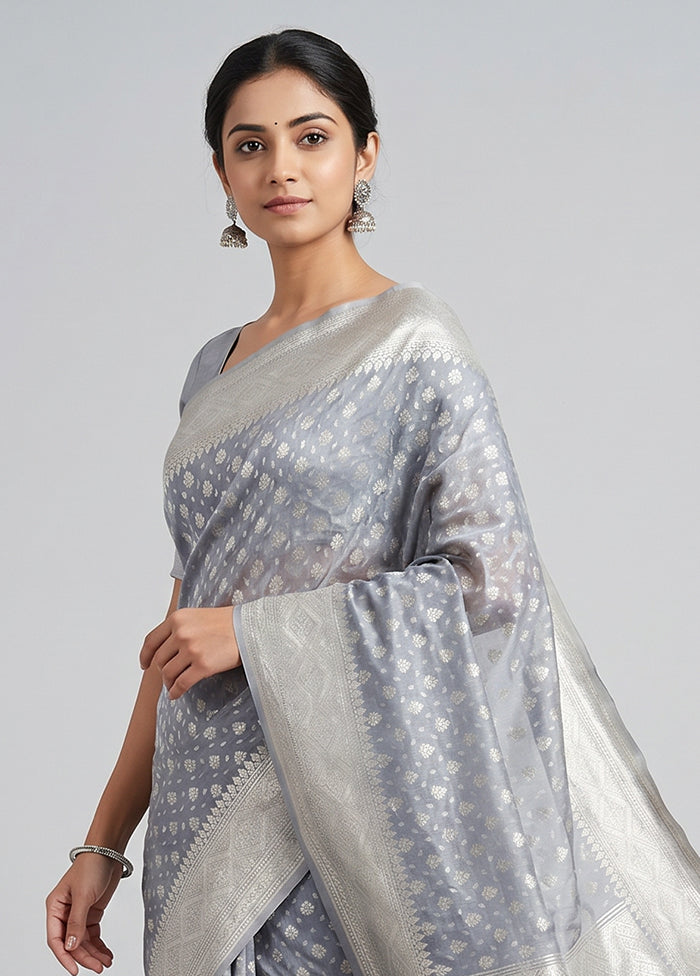Grey Kora Silk Saree With Blouse Piece