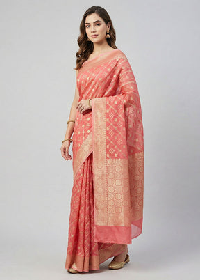 Pink Kora Silk Saree With Blouse Piece