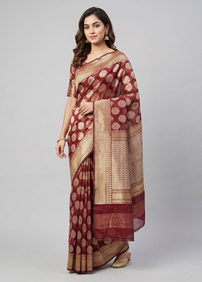 Maroon Kora Silk Saree With Blouse Piece