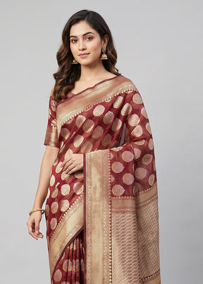 Maroon Kora Silk Saree With Blouse Piece