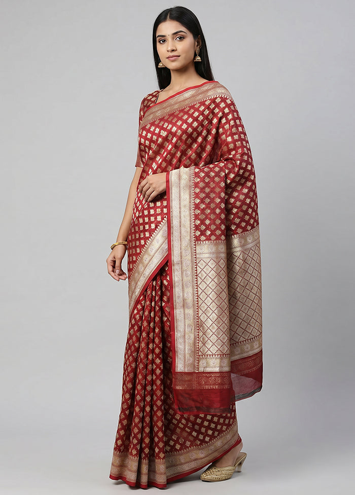 Maroon Kora Silk Saree With Blouse Piece