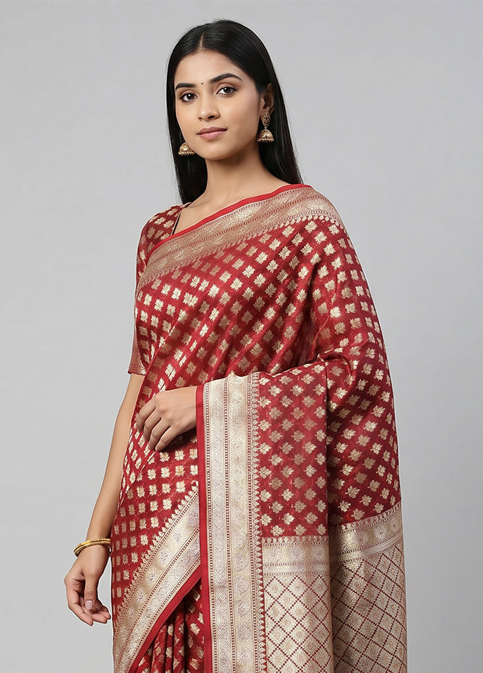 Maroon Kora Silk Saree With Blouse Piece