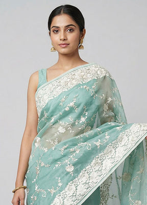 Blue Organza Saree With Blouse Piece