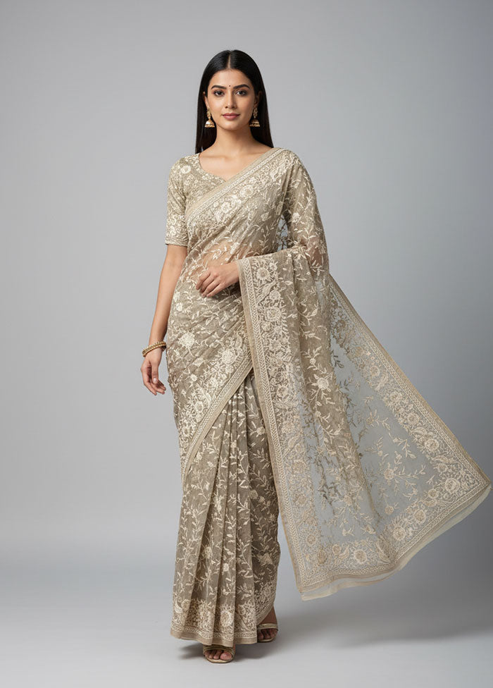 Cream Organza Saree With Blouse Piece