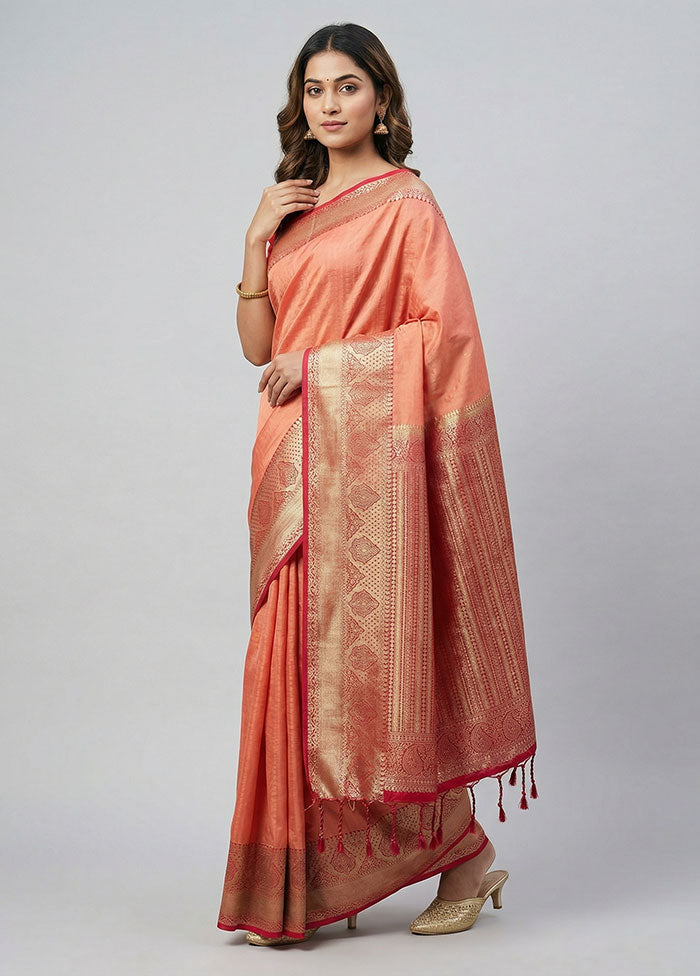 Peach Kanjivaram Silk Saree With Blouse Piece