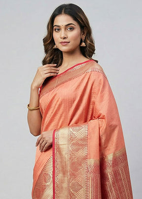 Peach Kanjivaram Silk Saree With Blouse Piece