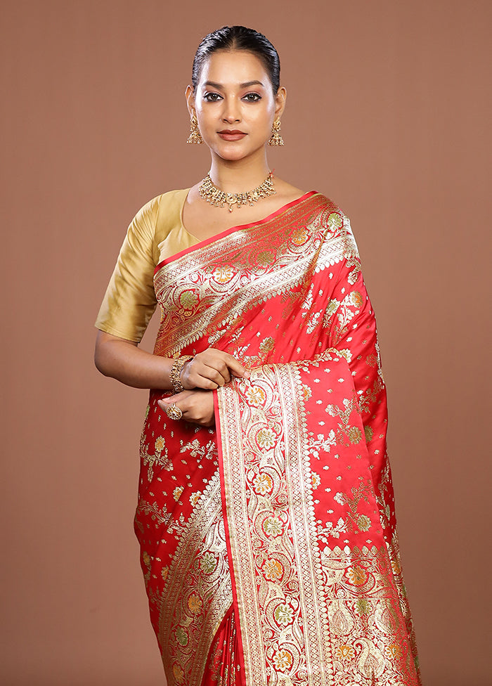 Red Banarasi Silk Saree With Blouse Piece