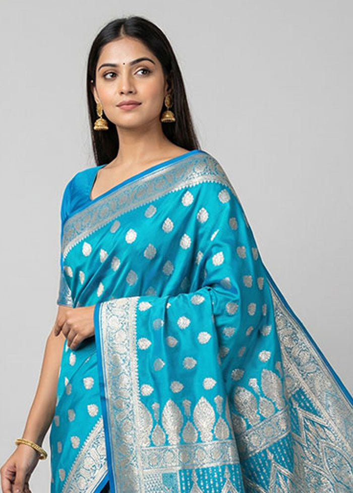 Blue Banarasi Silk Saree With Blouse Piece