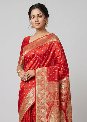 Red Banarasi Silk Saree With Blouse Piece