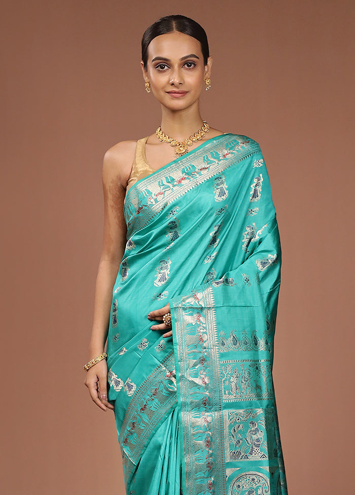 Green Handloom Baluchari Pure Silk Saree With Blouse Piece