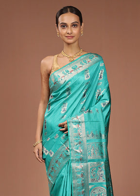 Green Handloom Baluchari Pure Silk Saree With Blouse Piece