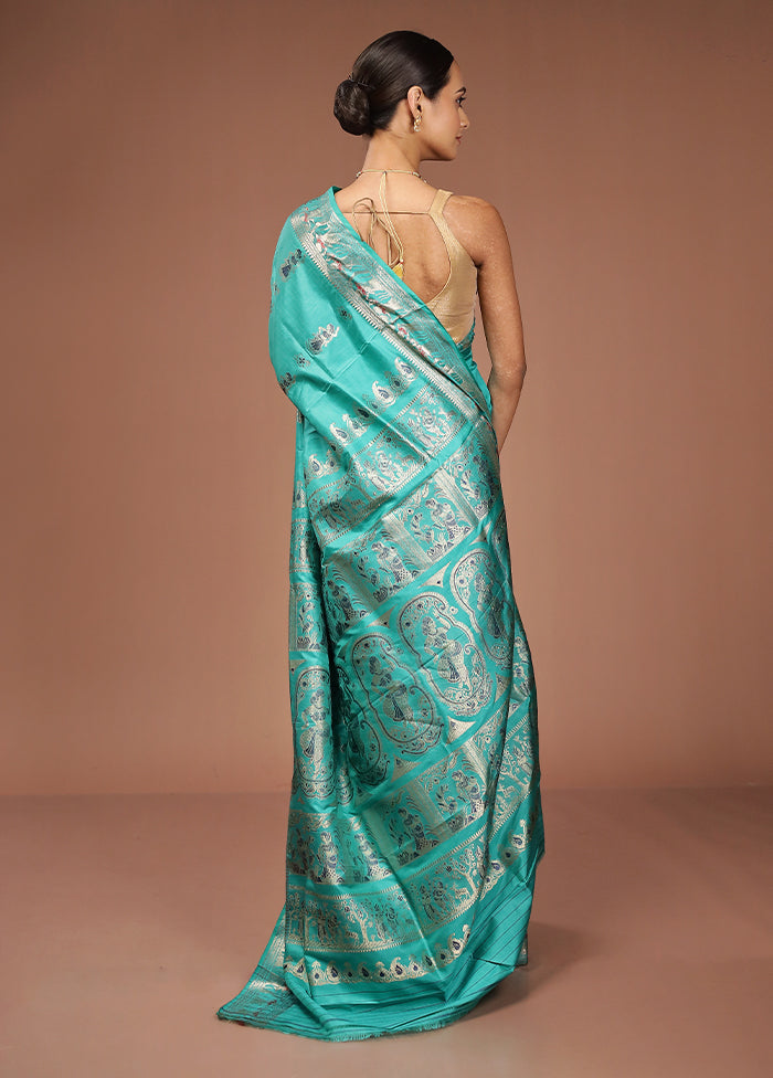 Green Handloom Baluchari Pure Silk Saree With Blouse Piece