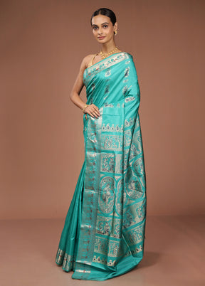 Green Handloom Baluchari Pure Silk Saree With Blouse Piece