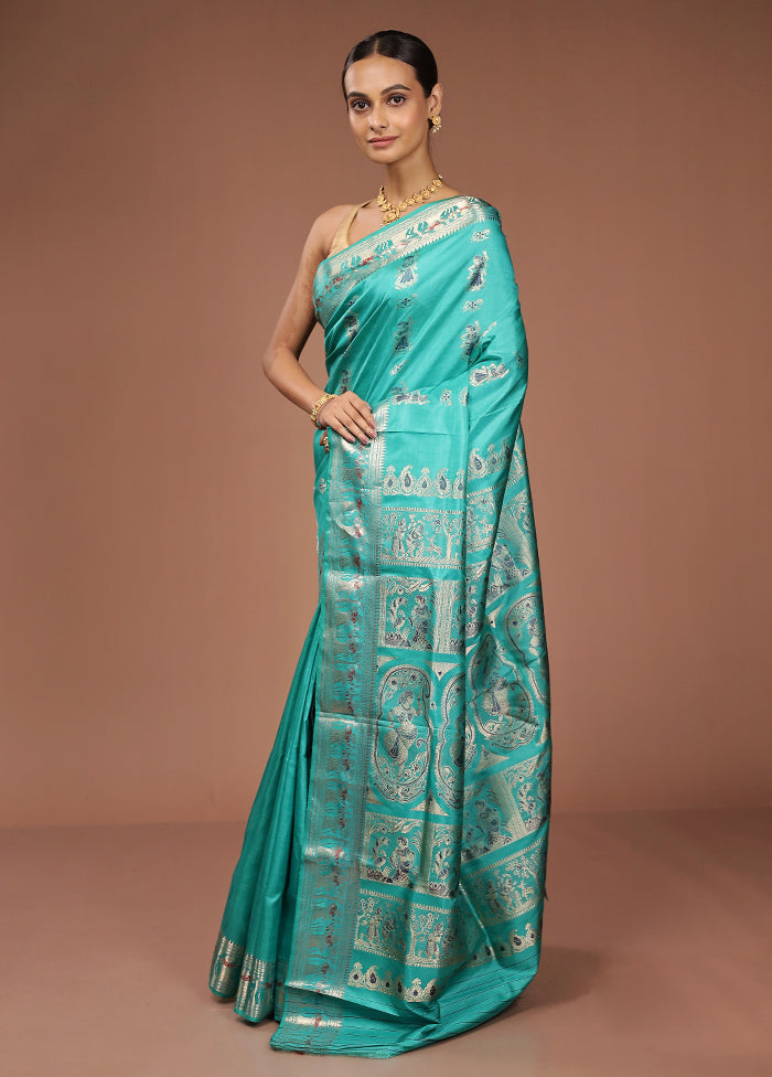 Green Handloom Baluchari Pure Silk Saree With Blouse Piece