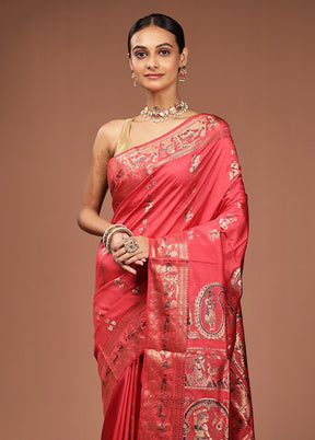 Pink Handloom Baluchari Pure Silk Saree With Blouse Piece