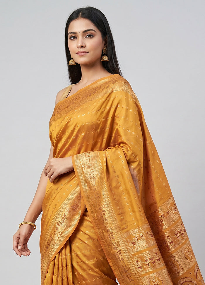 Yellow Handloom Baluchari Pure Silk Saree With Blouse Piece