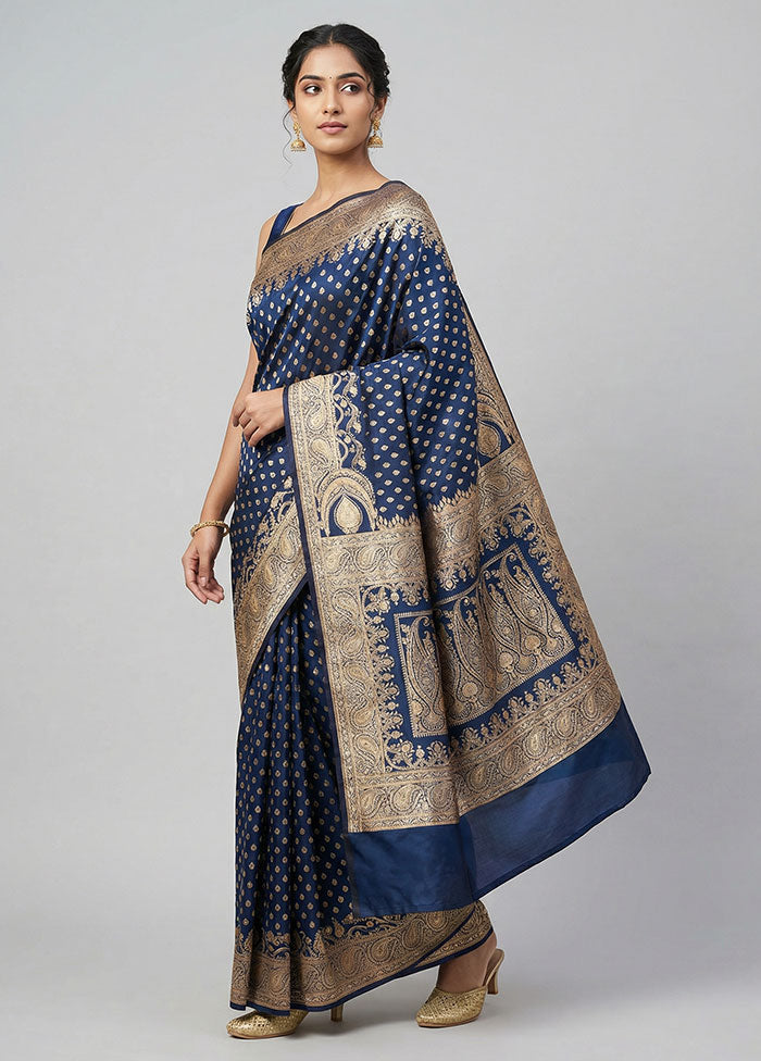 Blue Banarasi Silk Saree With Blouse Piece