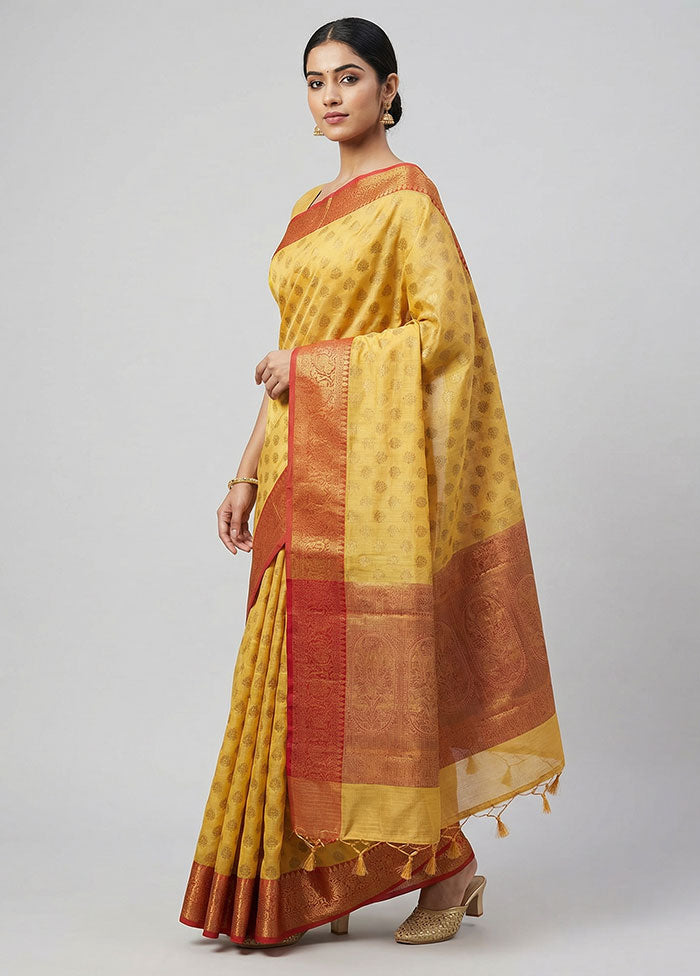 Yellow Kora Silk Saree With Blouse Piece