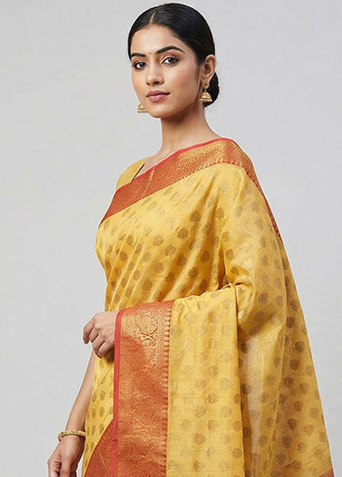 Yellow Kora Silk Saree With Blouse Piece