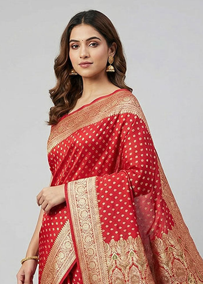 Red Handloom Banarasi Pure Silk Saree With Blouse Piece