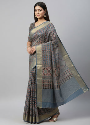 Blue Printed Pure Silk Saree Without Blouse Piece