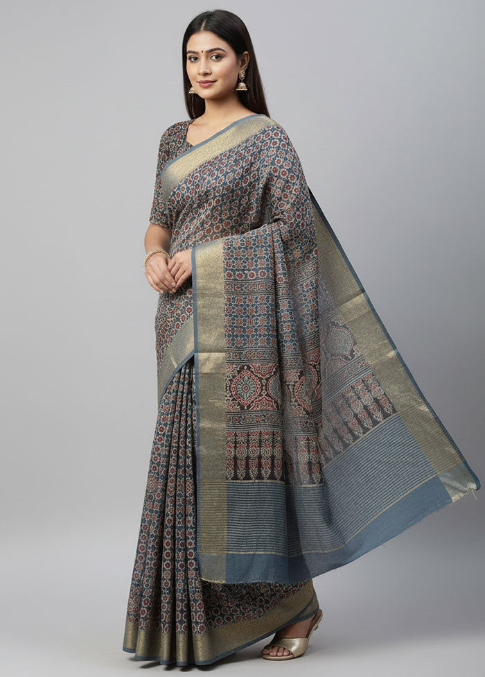 Blue Printed Pure Silk Saree Without Blouse Piece