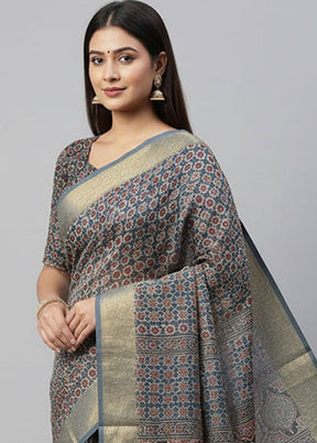 Blue Printed Pure Silk Saree Without Blouse Piece