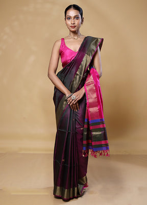 Violet Kalakshetra Silk Saree With Blouse Piece