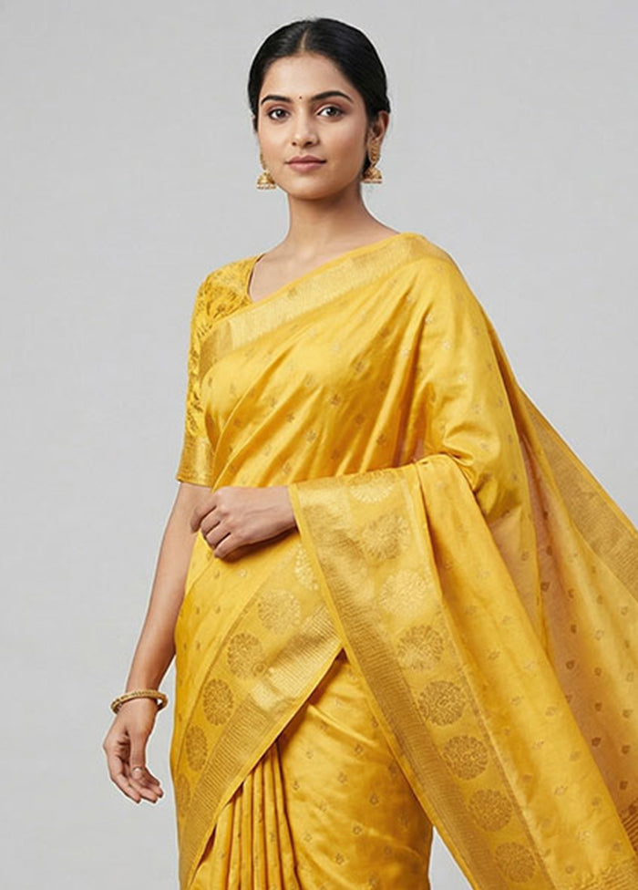 Yellow Dupion Silk Saree With Blouse Piece