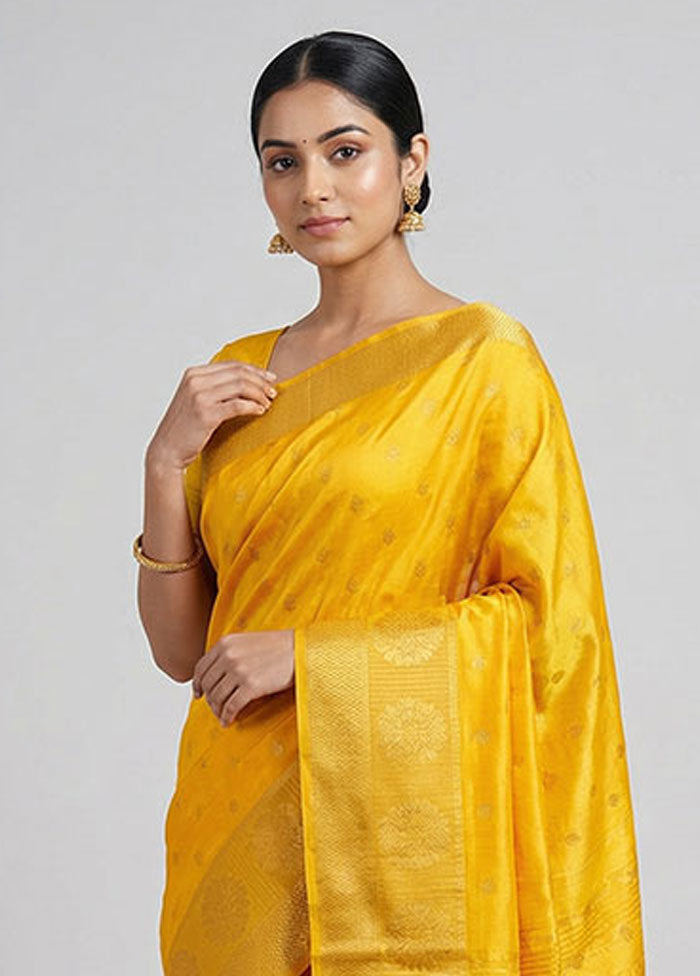 Yellow Dupion Silk Saree With Blouse Piece