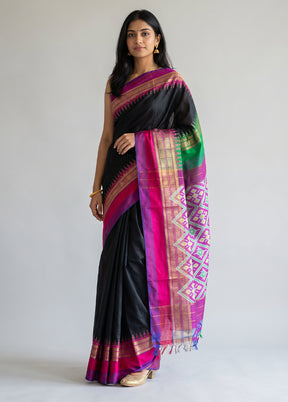 Black Handloom Ikkat Pure Silk Saree With Blouse Piece