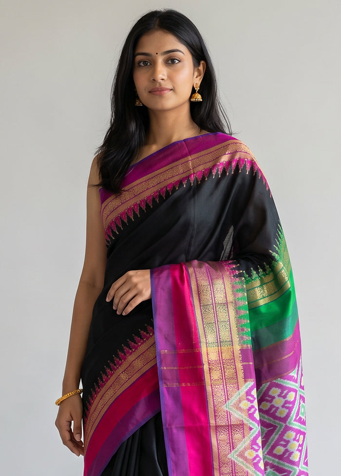 Black Handloom Ikkat Pure Silk Saree With Blouse Piece