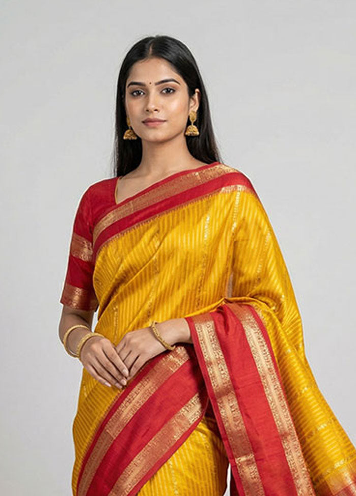 Yellow Handloom Dupion Pure Silk Saree With Blouse Piece