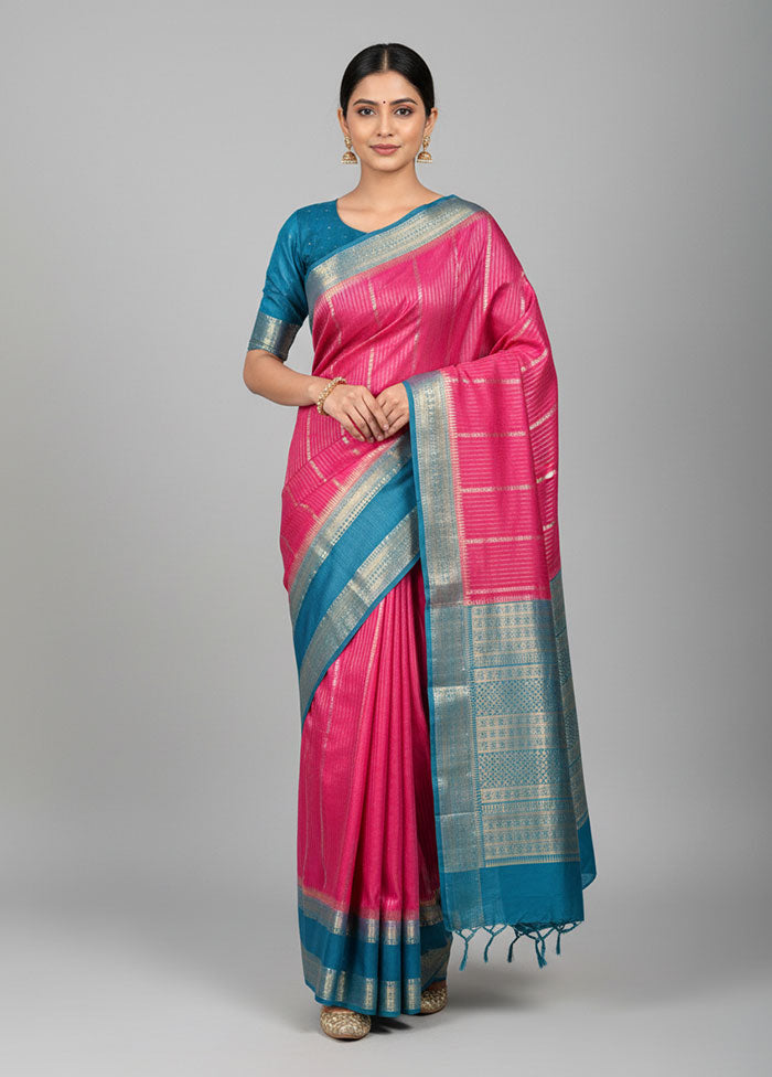 Pink Handloom Dupion Pure Silk Saree With Blouse Piece