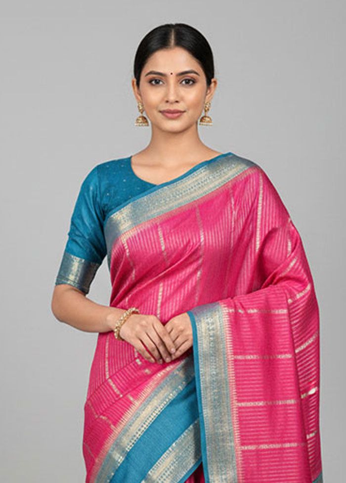 Pink Handloom Dupion Pure Silk Saree With Blouse Piece