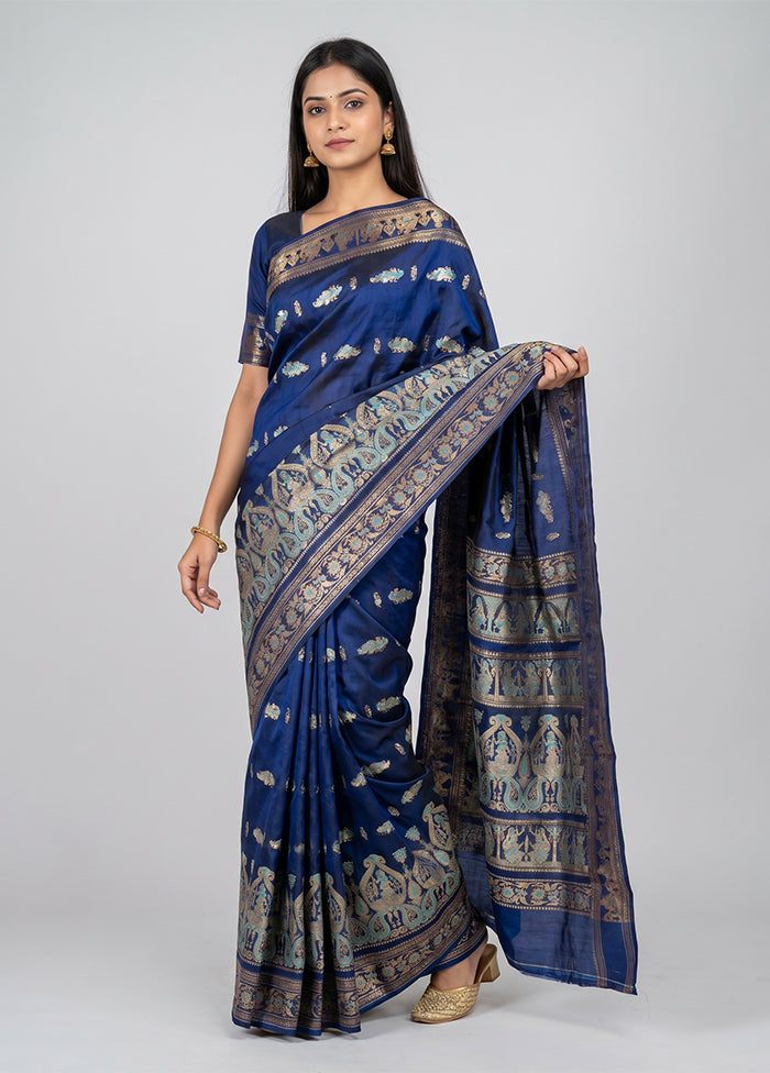 Blue Handloom Baluchari Pure Silk Saree With Blouse Piece