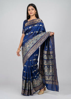 Blue Handloom Baluchari Pure Silk Saree With Blouse Piece