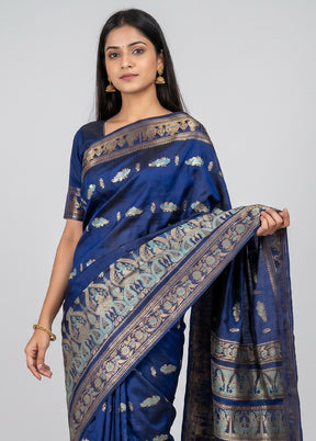 Blue Handloom Baluchari Pure Silk Saree With Blouse Piece